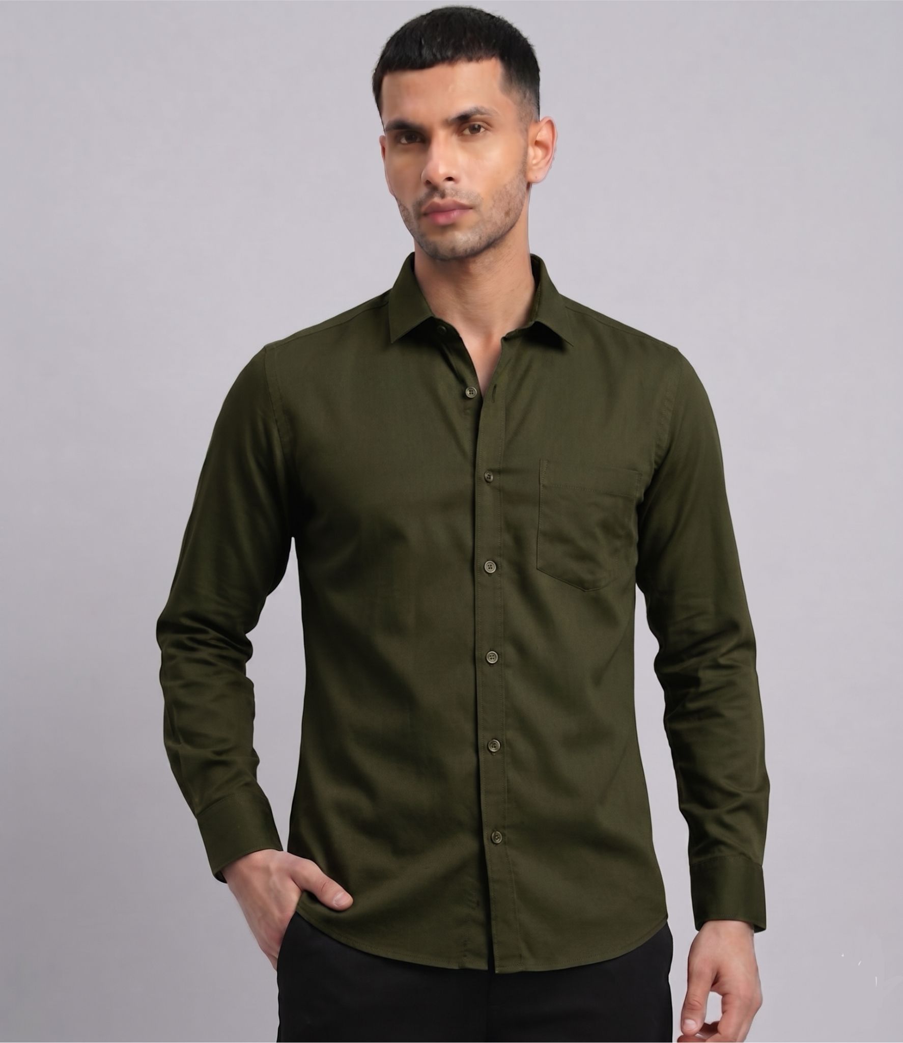 Olive Green Plain Cotton Shirt for Men