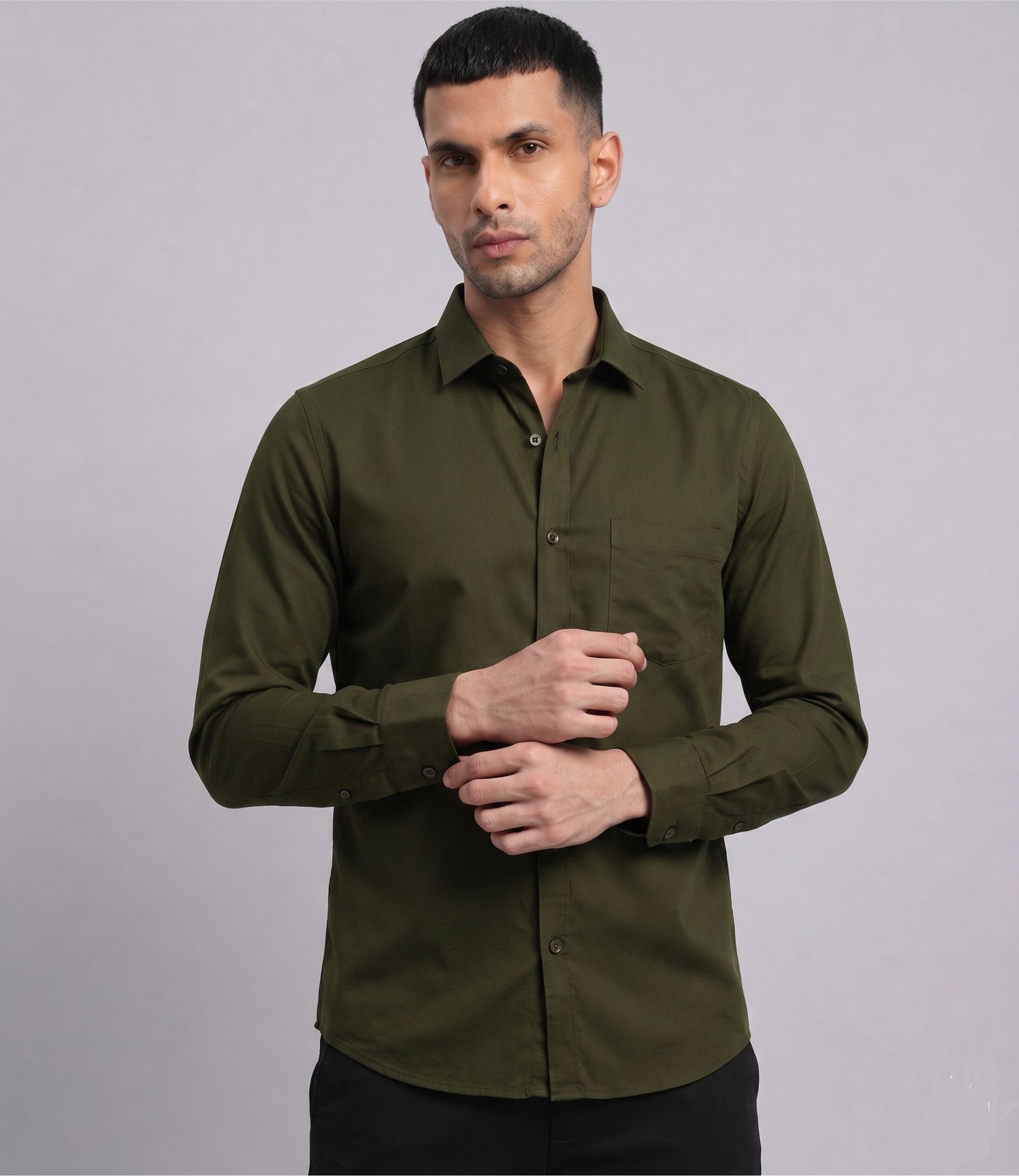 Olive Green Plain Cotton Shirt for Men - Image 2