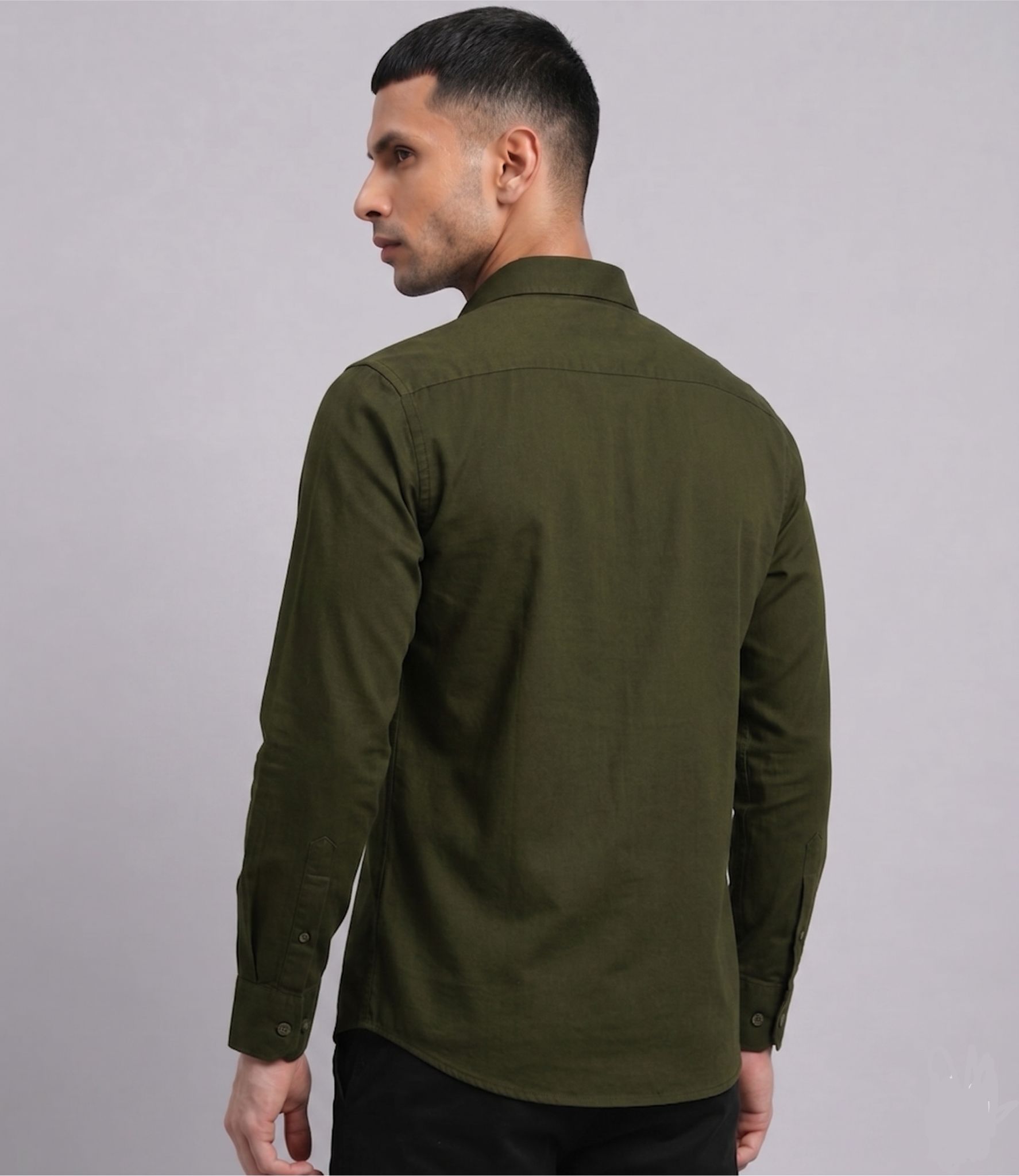 Olive Green Plain Cotton Shirt for Men - Image 3