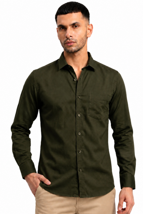 Olive Green Plain Cotton Shirt for Men