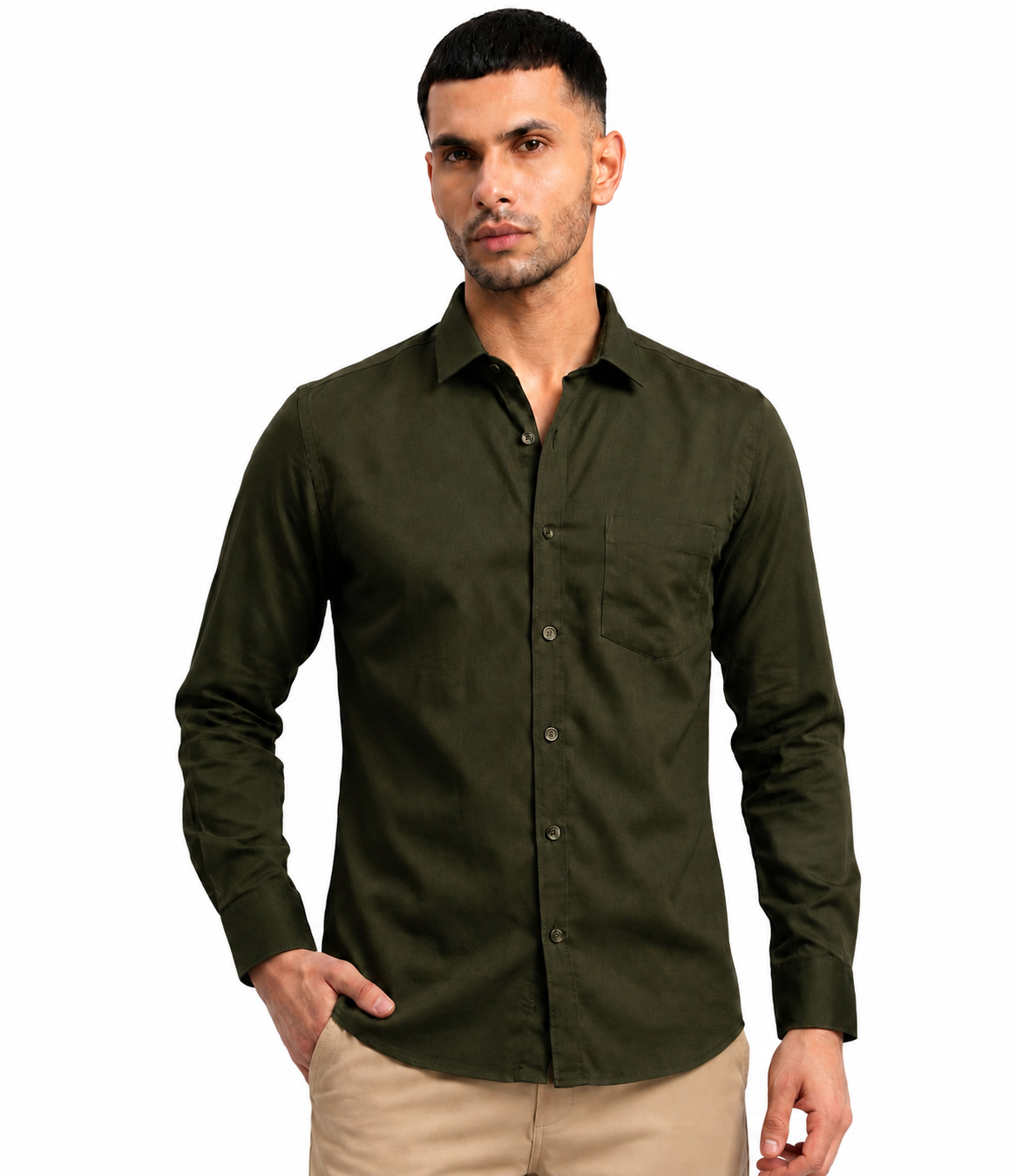 Olive Green Plain Cotton Shirt for Men